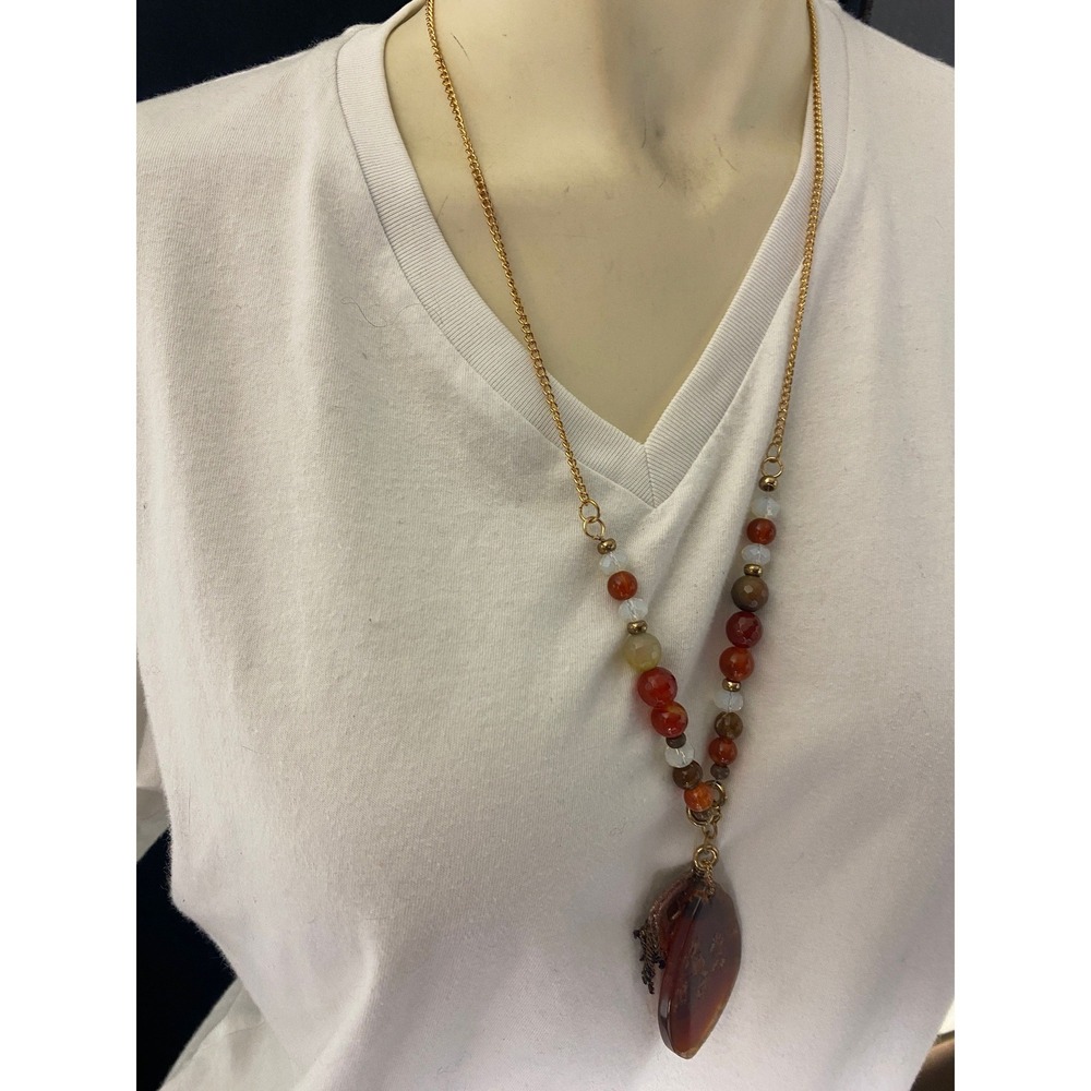 Jules B Beaded Necklace Orange Gemstone Owl Pendant Gold Tone‎ Boho Statement